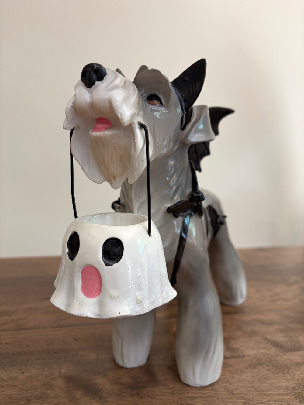 Halloween Schnauzer Dog Holding Ghost Bucket in Bat Costume Decor Figure - Picture 3 of 7